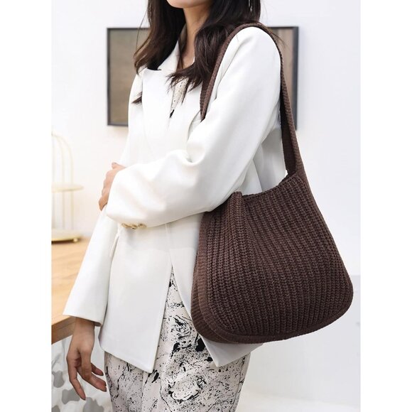 Women's Brown Shoulder Handbags Crocheted Bags Large Knit Bag Tote Bag - Picture 9 of 9